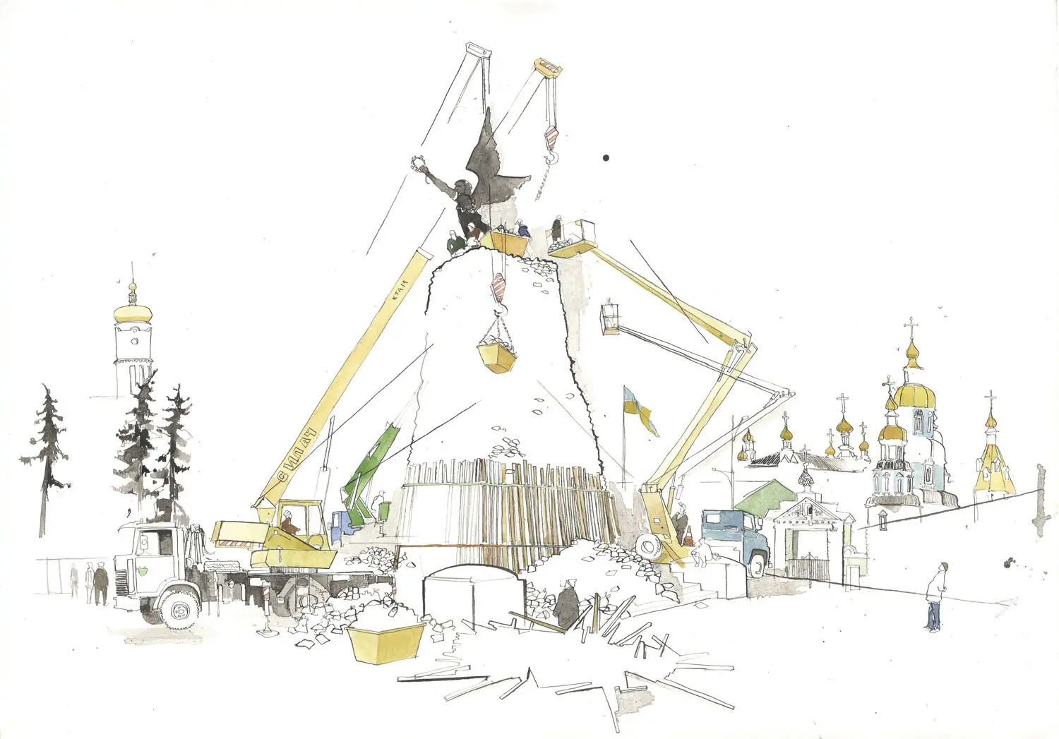 Illustration of a city square where crane trucks surround a tall statue. There are golden domes in the background. The cranes are lifting people and supplies meant to protect the statue.