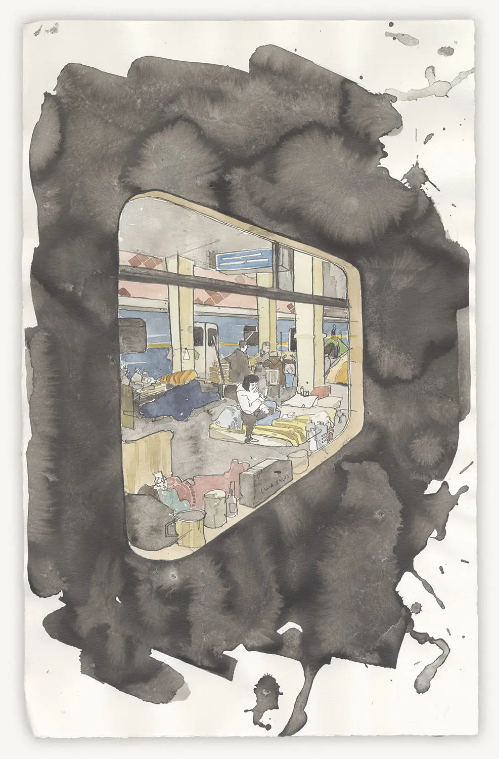 Illustration of a view of the train station settlement from inside the rail car. Looking through the window, one sees a young person checking their phone on a mattress, people laying under blankets and reading, and household items placed on the window sill. The scene is well lit. 