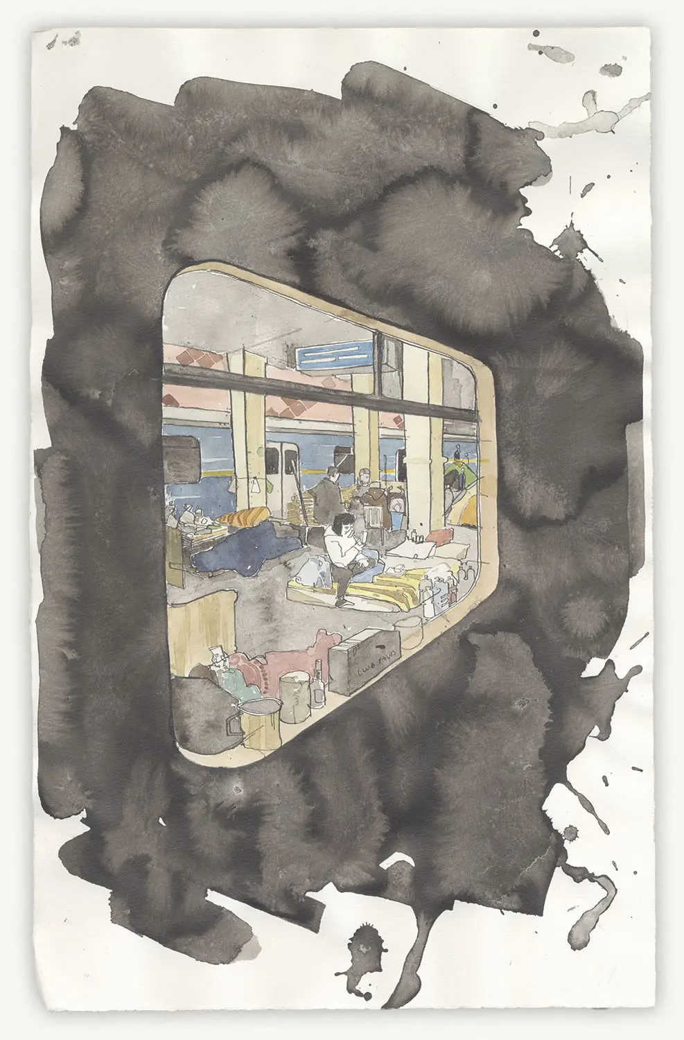 Illustration of a view of the train station settlement from inside the rail car. Looking through the window, one sees a young person checking their phone on a mattress, people laying under blankets and reading, and household items placed on the window sill. The scene is well lit.