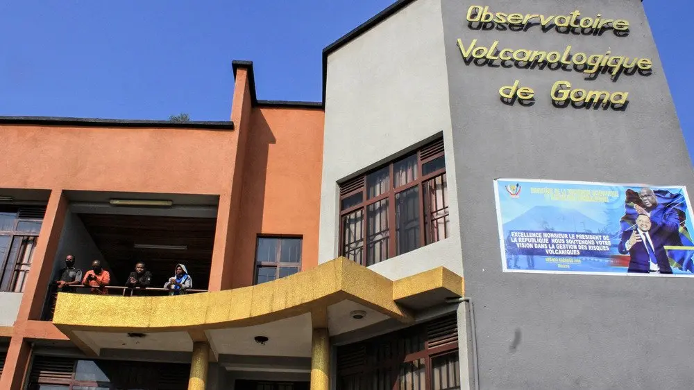 People look out from The Goma Volcano Observatory