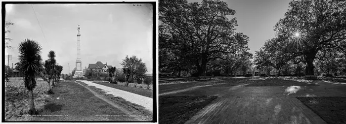 Photo on left shows Pensacola's monument to Confederate soldiers in 1800s, and photo on right shows it in present day.