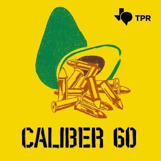 An illustration of an avocado with bullets coming out of the pit, set on a yellow background. The text reads "CALIBER 60."