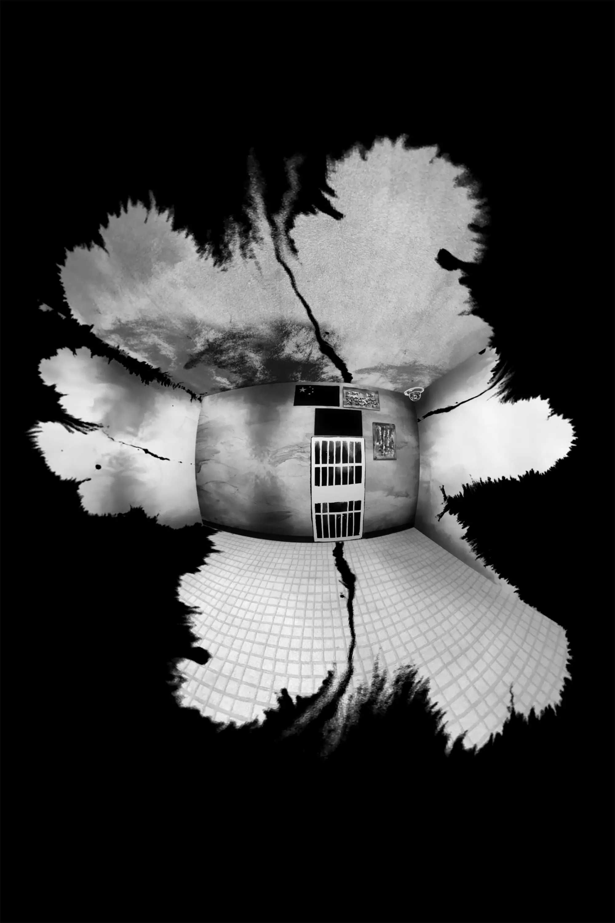 Black-and-white illustration with ink effect.