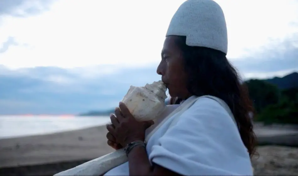 An Indigenous man blows into shell