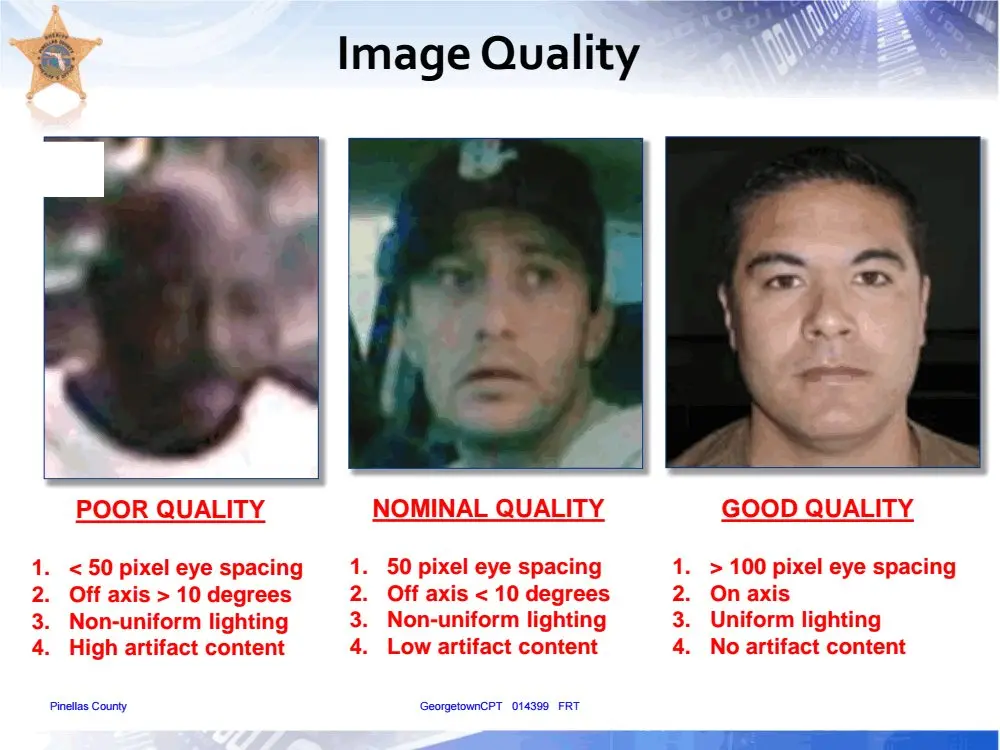Image quality comparison showing poor, nominal, and good quality examples where poor quality less than 50 pixels, face is an an odd angle, there is non-uniform lighting, and a high artifact content with background objects. Good quality has over 100 pixels, with a face directly at camera level, good lighting and no background content.