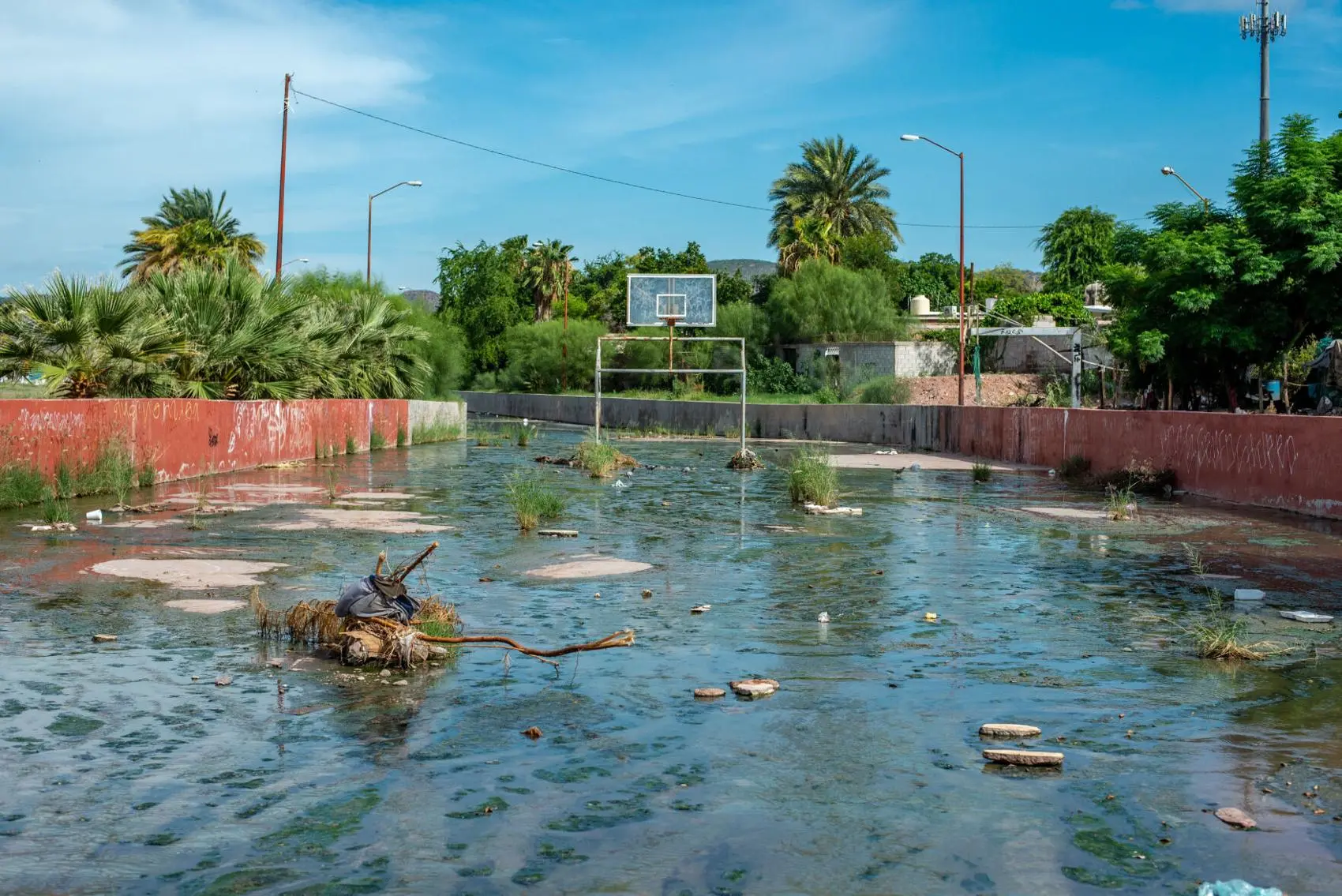 Overflowing area of sewage in neighborhood