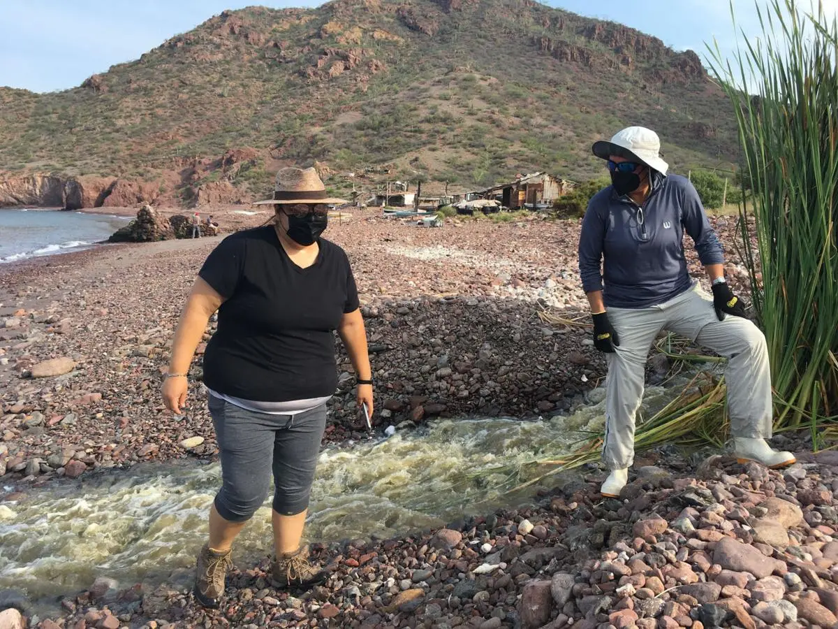 Two researchers look at wastewater at contaminated lagoon