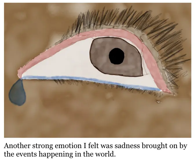 Drawing of an eye with a single tear falling. Below the drawing reads "Another strong emotion I felt was sadness brought on by the events happening in the world."