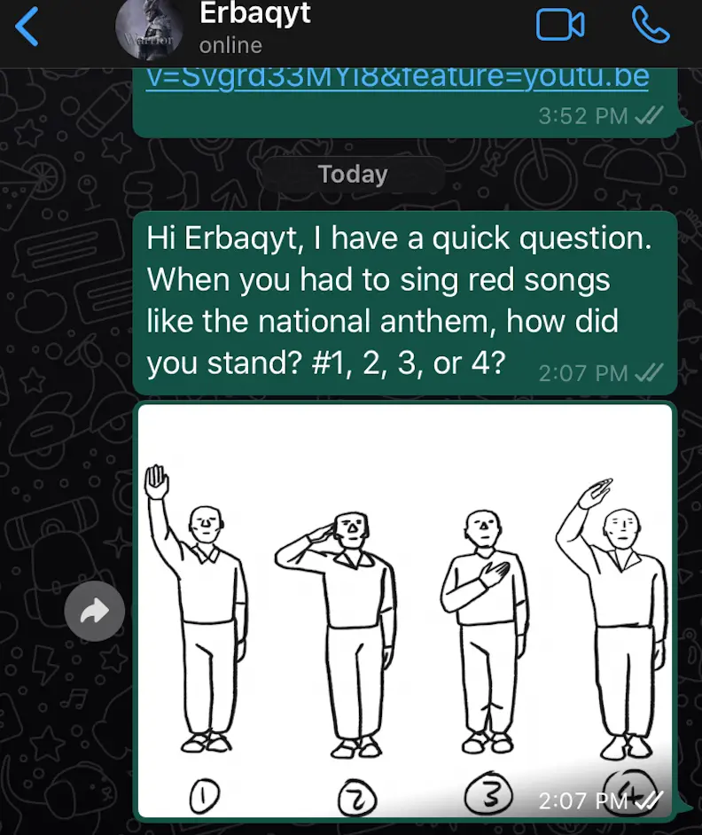 Whatsapp chat screenshot with a message followed by an illustration with different poses.