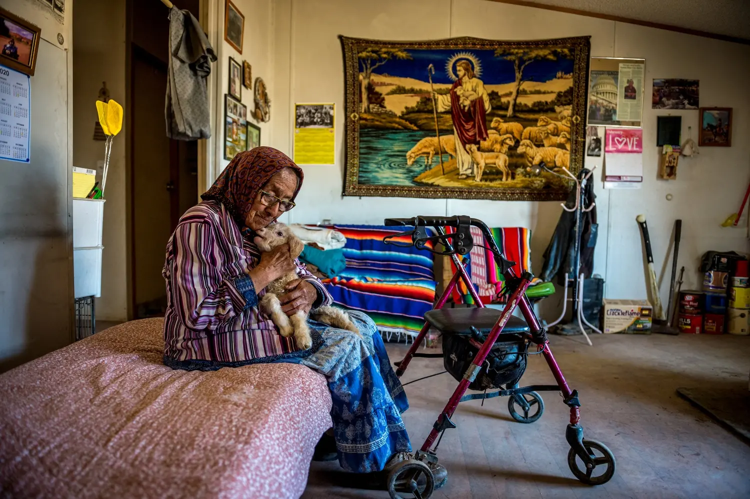 Helen Nez holding a lamb in her home in Blue Gap, Ariz. Image by Mary F. Calvert. United States, 2020.