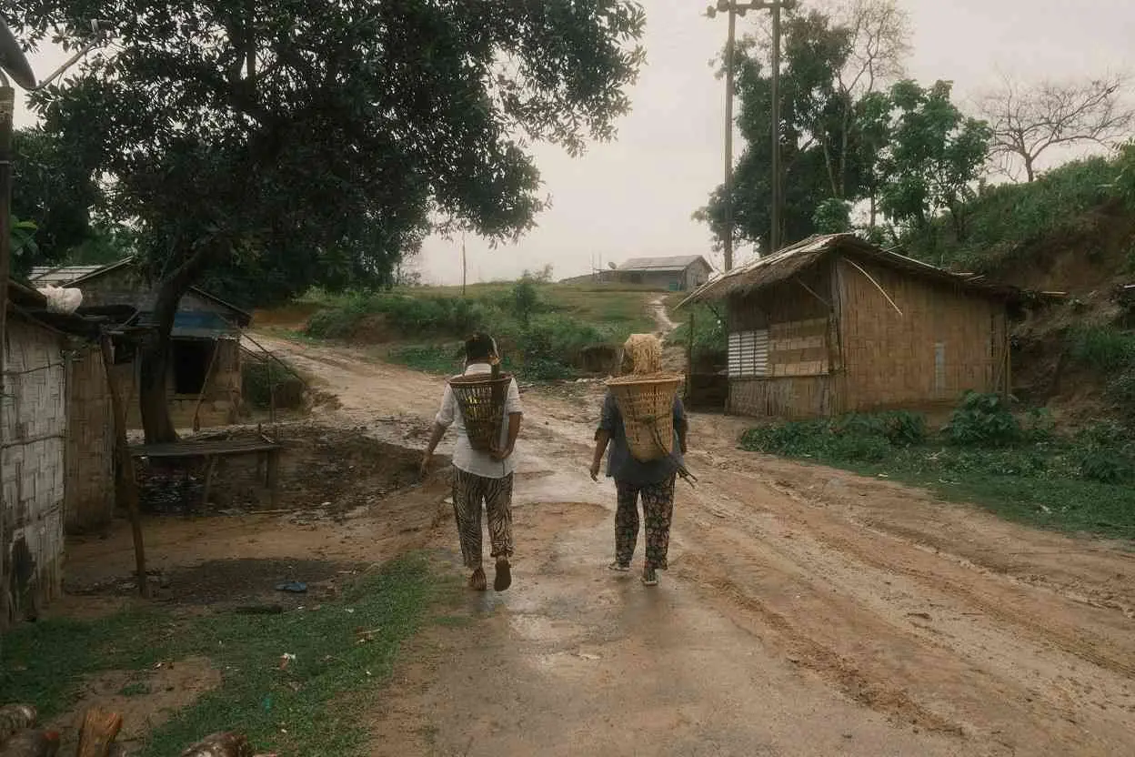 Two people with baskets on their backs walk a muddy village road.