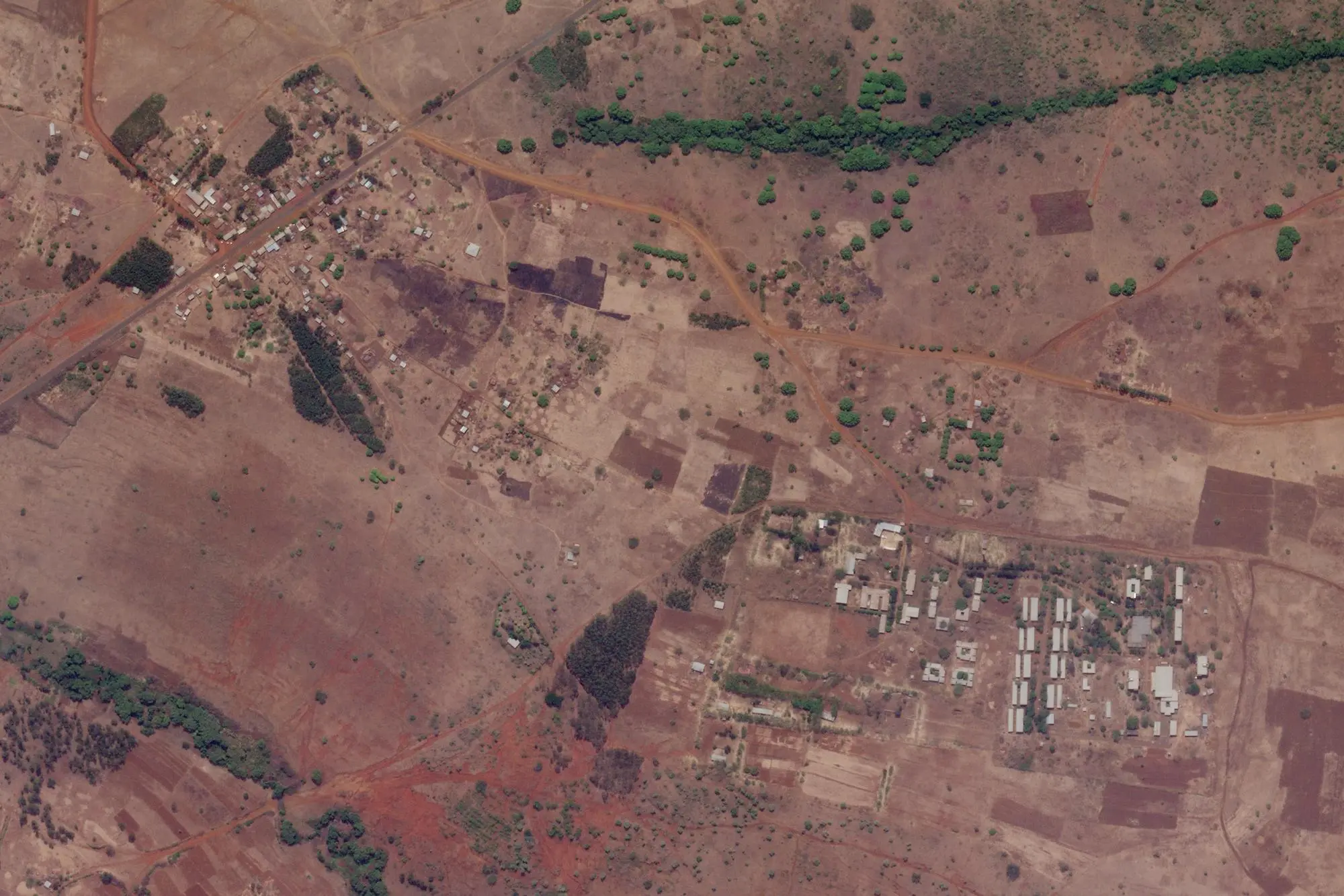 Aerial view of the buildings of an agricultural college and surrounding area.