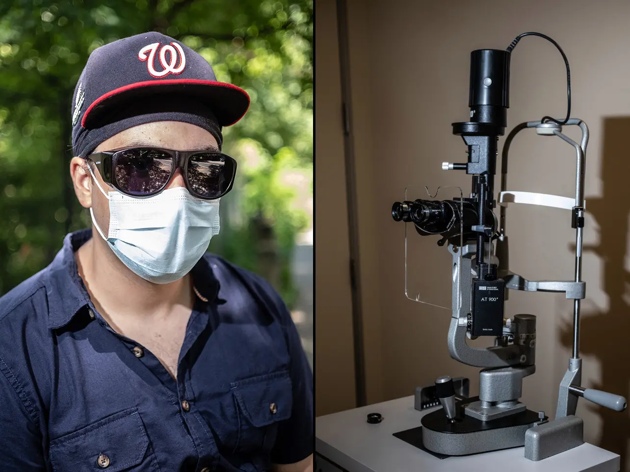 Left: A portrait of Matthew Leo Cima wearing sunglasses and a medical face mask. Right: A machine used to examine retinas.