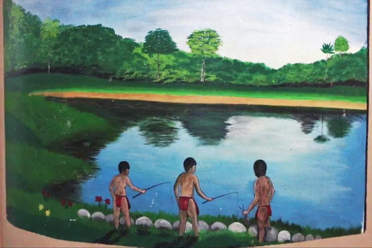 Photo of painting showing Indigenous children fishing in clean water.