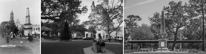 Photo on left shows a Confederate War Memorial in the 1800s. Photo on the right shows it in present day on private property where it was moved.