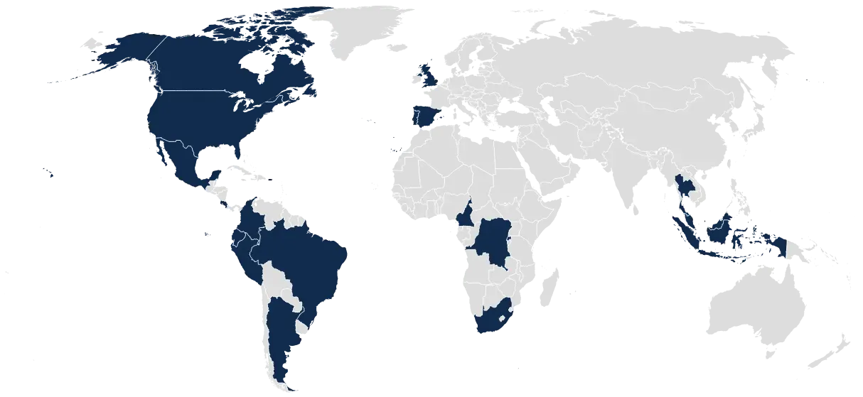 world map with highlighted countries based on where Pulitzer Center staff reside