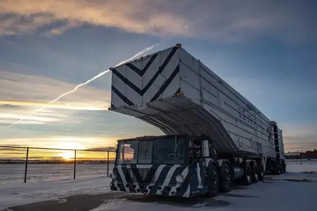 A transport erector sits just outside the gate of F.E. Warren Air Force Base in Cheyenne, Wyoming, on Jan. 16, 2024. (Jacob Byk/Military.com)