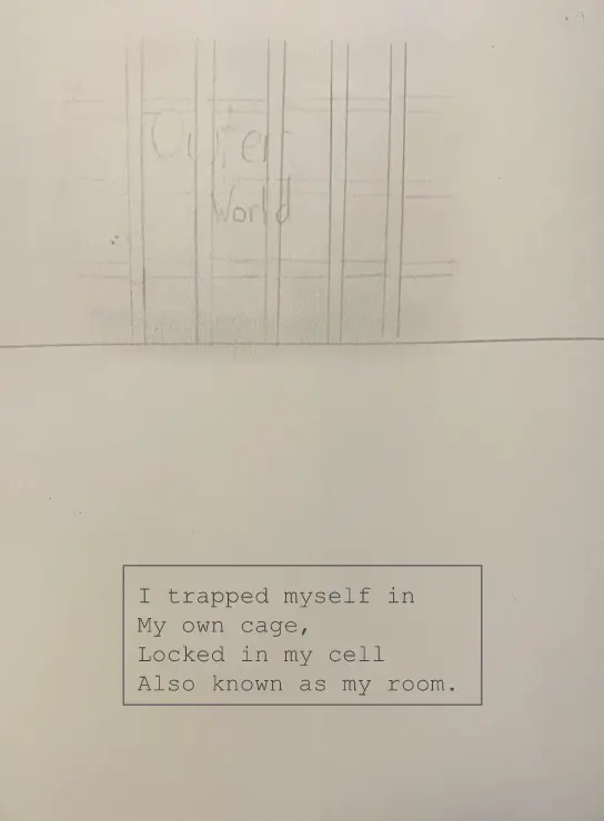 Drawing of bars with outer world written by them. Under drawing is a text box that reads "I trapped myself in My own cage, Locked in my cell Also known as my room."
