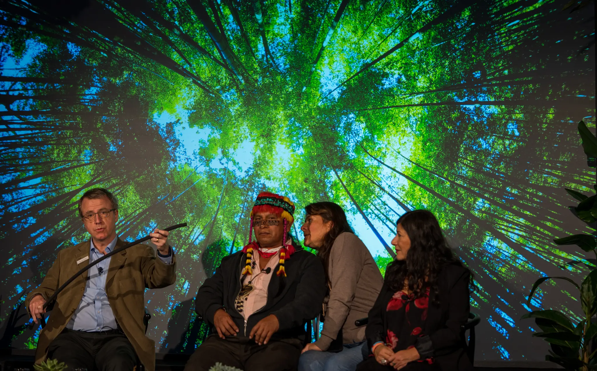 Domingo Peas Nampichkai of the Achuar nation of Ecuadorian Amazon, Atossa Soltani, founder of Amazon Watch, and Nonette Royo, lawyer and activist