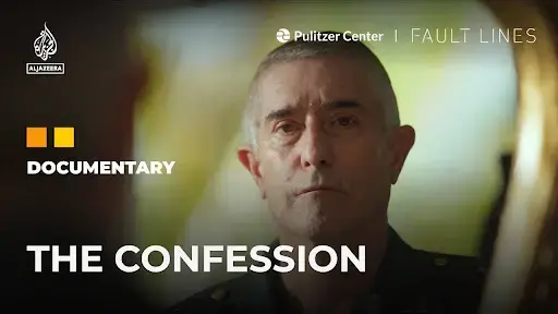 Graphic featuring an image of a man making eye contact with the camera. The text reads, "THE CONFESSION."