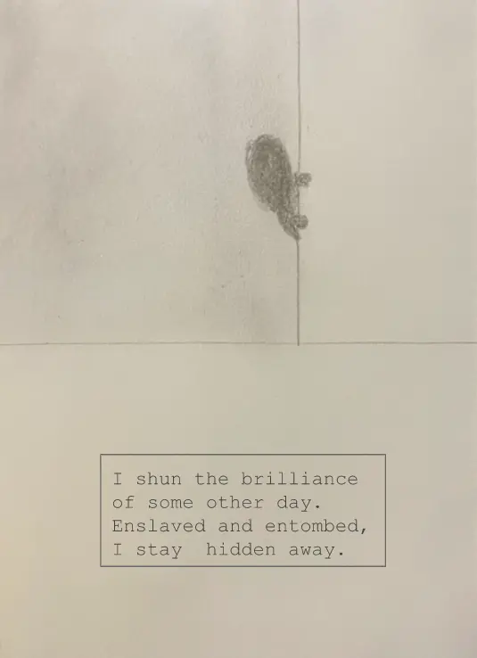 Drawing of a person holding onto to a line. Below drawing is a text box that reads "I shun the brilliance of some other day. Enslaved and entombed, I stay hidden away."