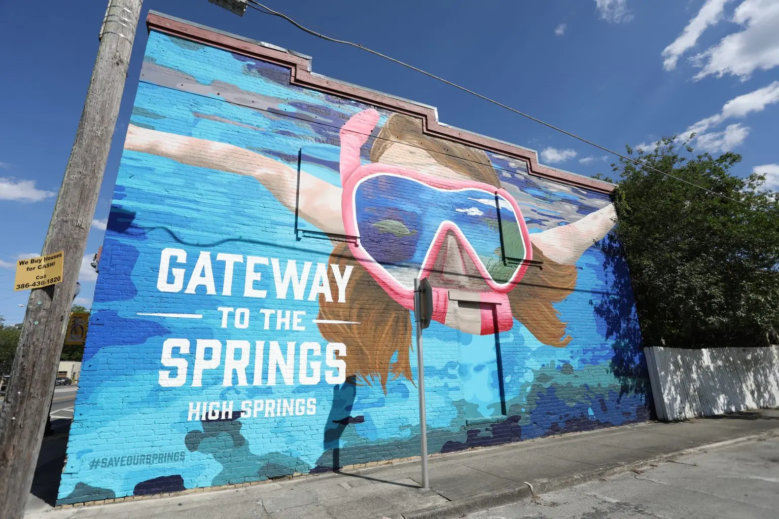 a mural with a child snorkeling in turquoise water reads "gateway to the springs. hashtag save our springs" tropical fish reflect off her goggles. 