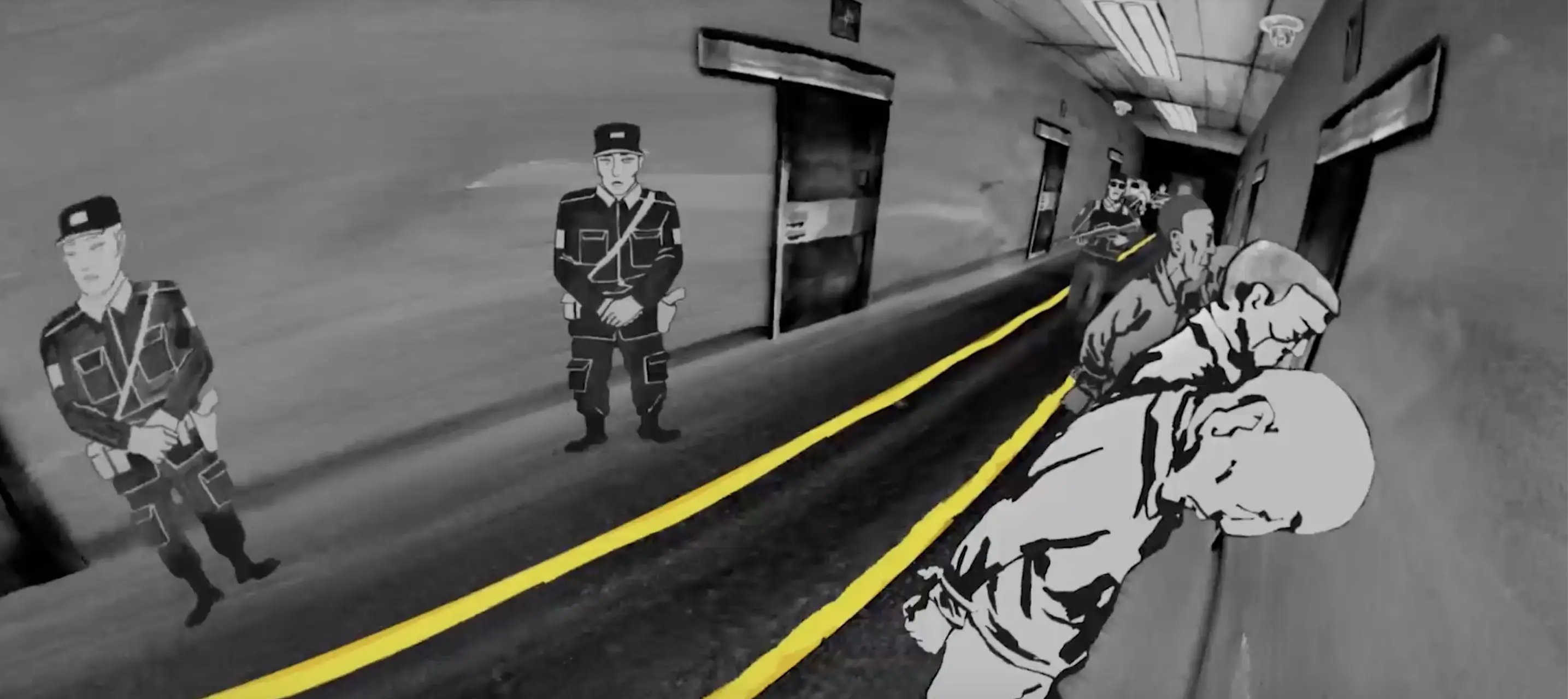 Illustration of detained men lined up facing a wall, with guards standing on the other side of the hallway.  Two yellow lines mark the floor.