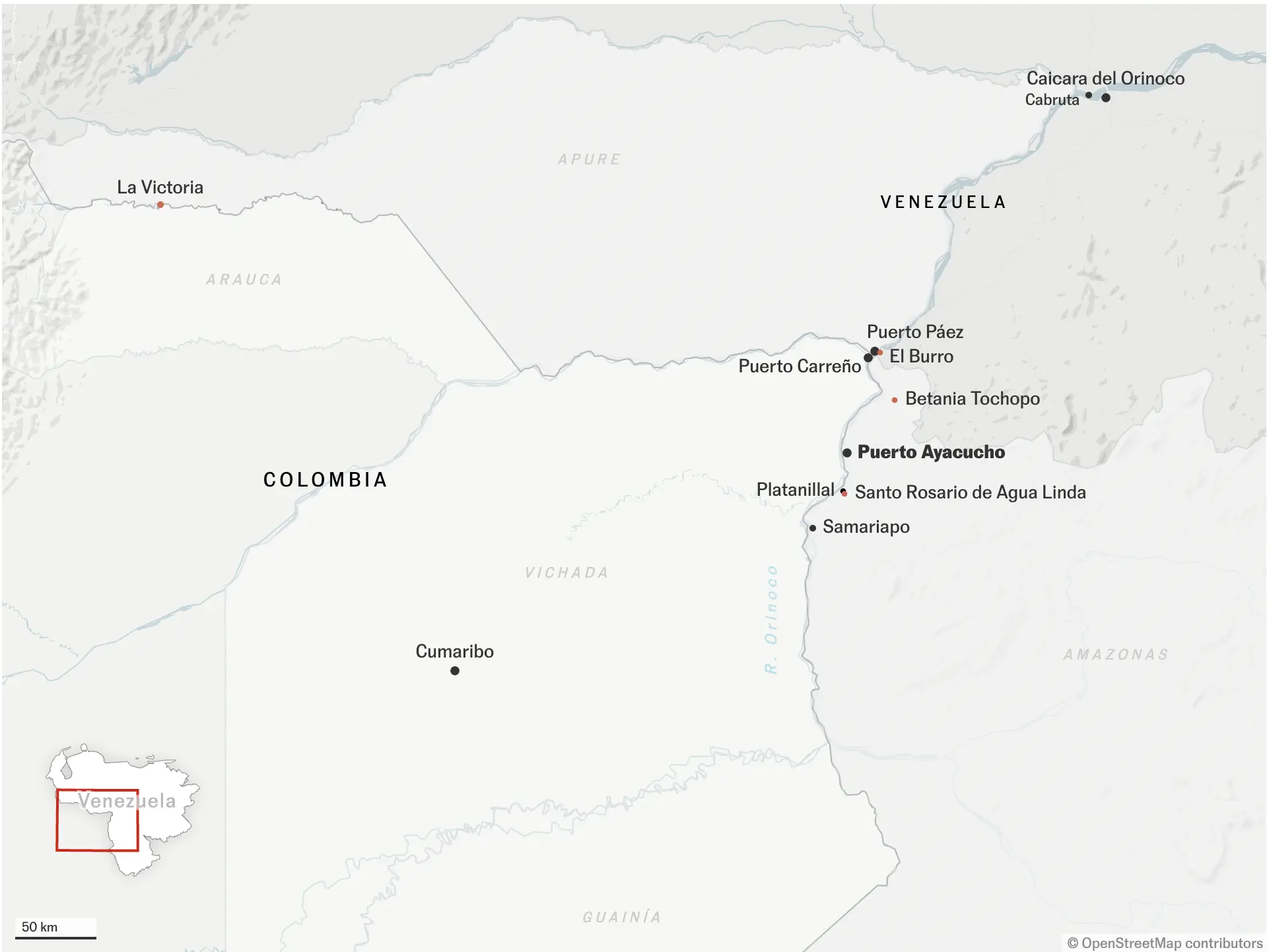 a map of the border region between Vichada, Guainía, and Apure  departments, Colombia, and Amazonas and Guárico states, Venezuela. 