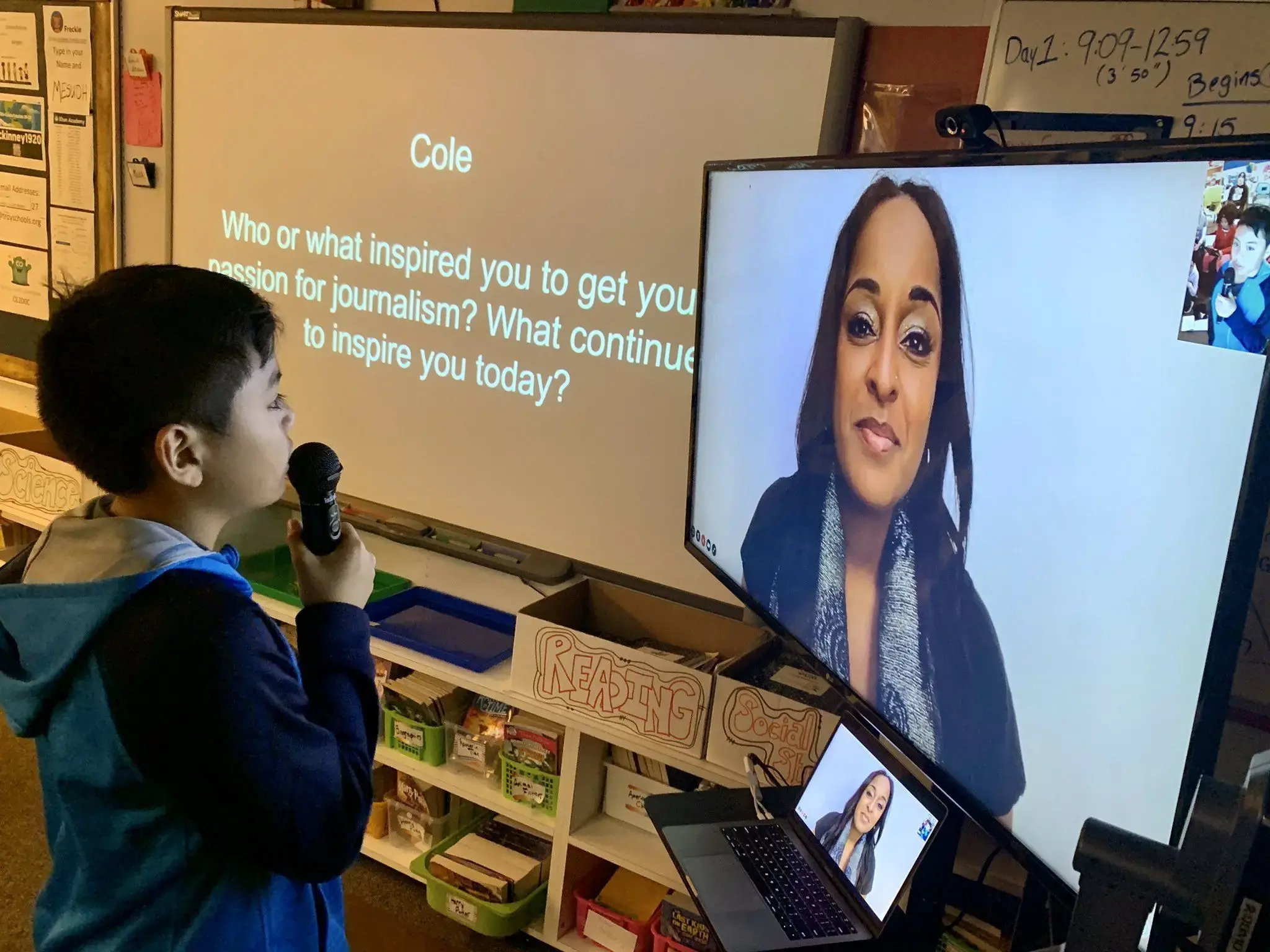 A 5th grade student asks journalist Natasha S. Alford a question during her virtual visit. Photo courtesy of Grayson McKinney. United States, 2019. Media file: natasha_alford.jpg