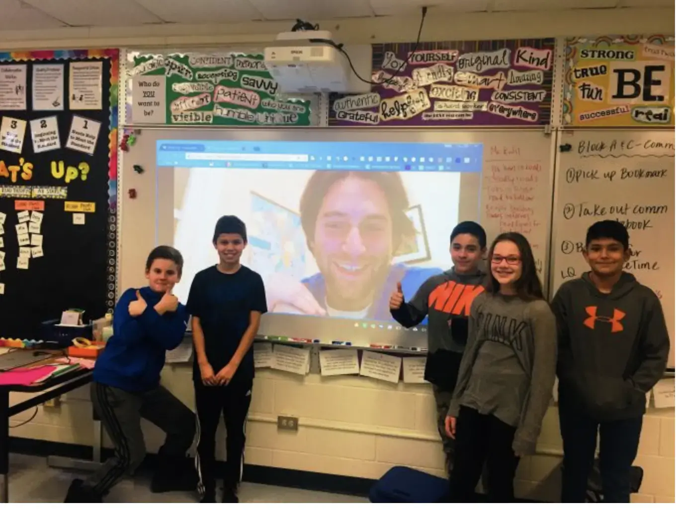 Jahd Khalil dials in from Cairo to speak with Jack London Middle School 6th graders. Image courtesy of Tracy Crowley. United States, 2018. Media file: screen_shot_2019-09-24_at_5.28.36_pm.png