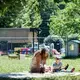 Bell’s School teacher Angela Mehaffey reads a book with Elliot Fink, 2, on a blanket outside the Fletcher preschool June 22. Image by Angeli Wright/Asheville Citizen Times/North Carolina News Collaborative. United States, 2020.