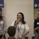 Pulitzer Center intern Karena Phan with speaking to student fellows during staff introductions. Behind her is Pulitzer Center staff member Hana Carey and intern Claire Seaton. Image by Jin Ding. United States, 2018.