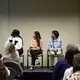 Angelica Ekeke (UC Berkeley Graduate School of Journalism), Micah Castelo (Syracuse University), and Patrick Ammerman (University of Pennsylvania) on stage during the Migration and Displacement panel. Image by Nora Moraga-Lewy. United States, 2019.