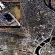 An aerial surveillance image (not captured in Baltimore), and a zoomed in area of that image used for crime analysis and tracking. Image courtesy of the NYU Policing Project. United States, undated.<br />

