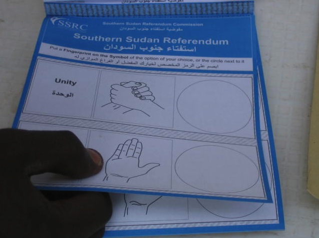 A Sudanese voting ballot. Image by Rebecca Hamilton. Sudan, 2011. This image first appeared in the Washington Post article, "For Southern Sudan, a Historic Vote for Independence" Jan. 9, 2011. Media file: sudan-referendum-ballot_9322_9596.jpg