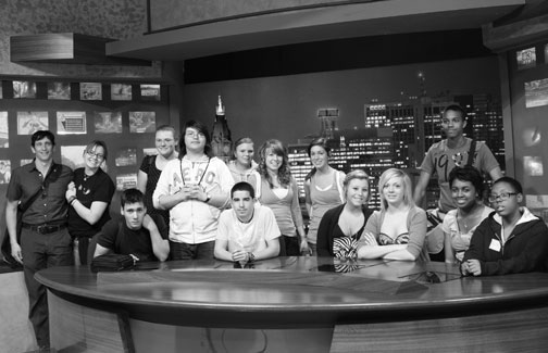 Louis Mazza (left) and his video journalism students from the Arts Academy at Benjamin Rush on a recent trip to the Temple University Media Education Lab. Image by Kate Spiller. Philadelphia, 2011. Media file: templeNews_sm.jpg