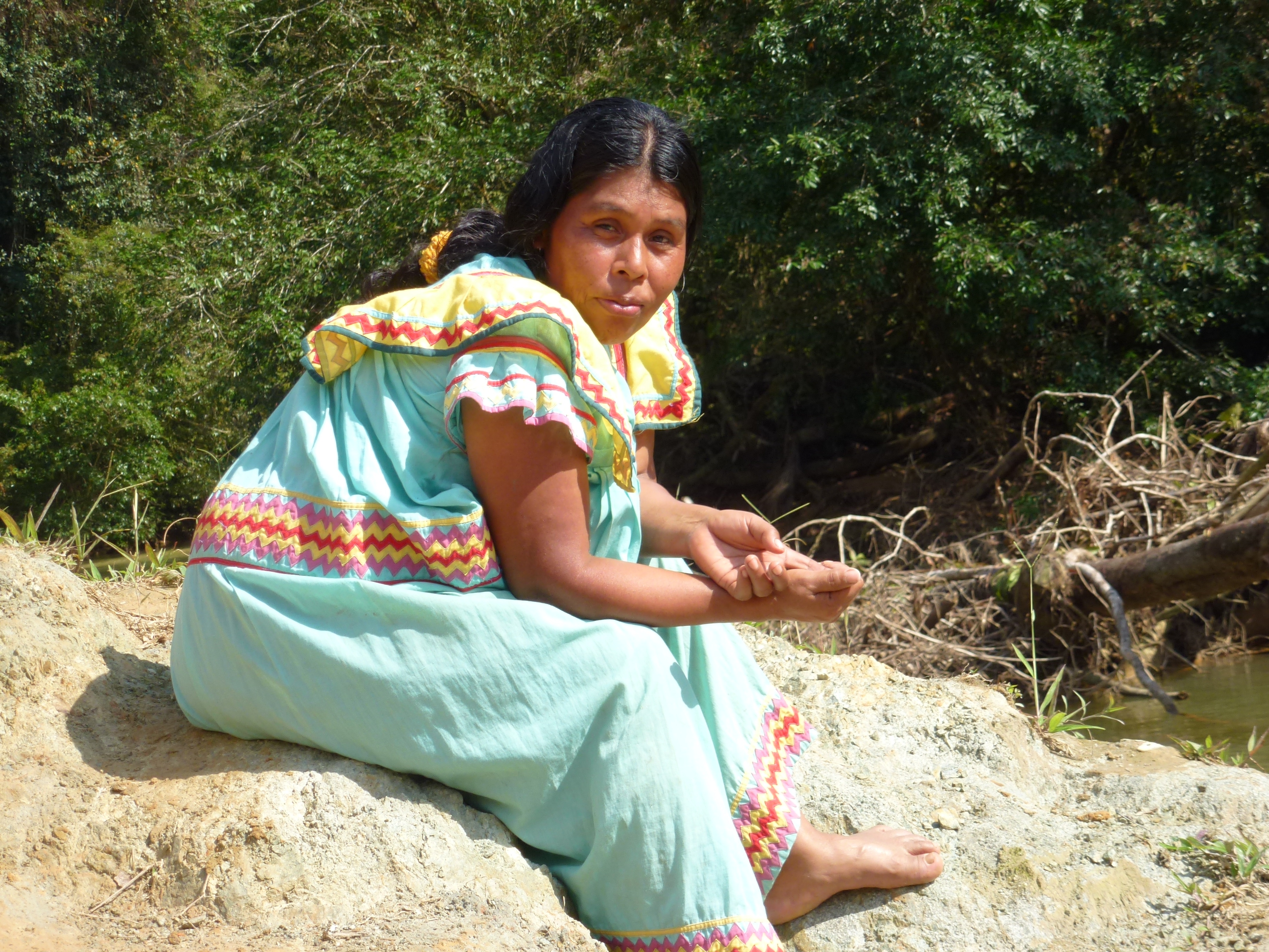 A woman from the Ngobe village of Nueva Lucha, one of several communities threatened by Canadian mining companies. The Ngobe are an indigenous people. Image by Lynn Burgess. Panama, 2012. Media file: woman from nueva lucha.jpg
